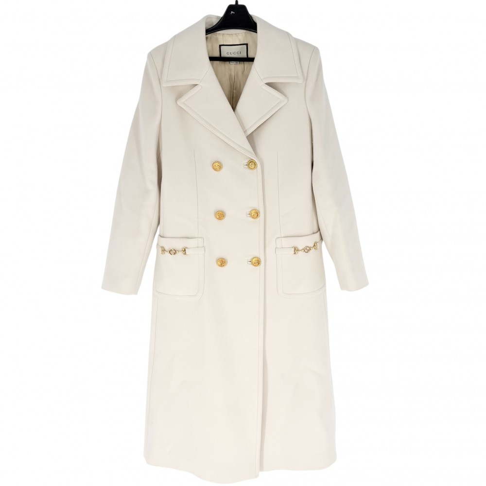 グッチ 厚地の外套 レディース ロング厚地の外套 インターロッキングG アウター 厚地の外套 春 秋 服 GUCCI 42 592185  象牙色 ゴールド金具    羊毛 秋 冬【中古品】
