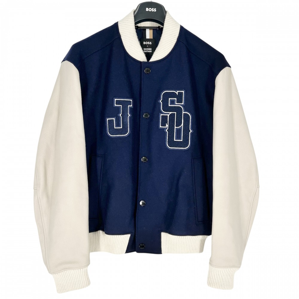 【エントリーでポイント10倍】 ボス ブルゾン メンズ 大谷翔平コラボ ベースボールジャケット BOSS X SHOHEI OHTANI アウター BOSS 48 10260760 ネイビー 紺 ホワイト 白 ブラック金具 ウール ナイロン 牛革 秋 冬 美品【中古品】