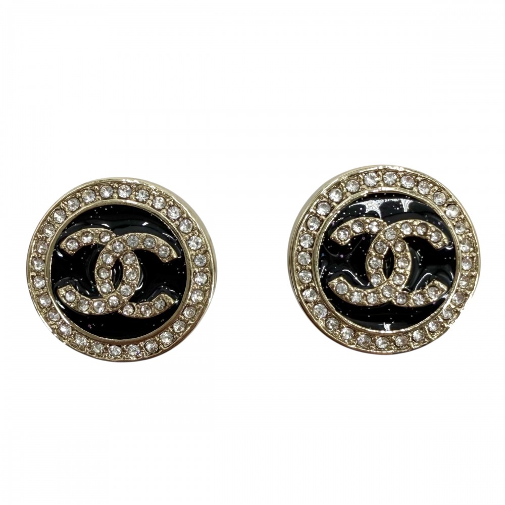 【エントリーでポイント10倍】 シャネル ピアス レディース ココマーク アクセサリー ラウンド 25/26AW CHANEL ラインストーン GP B25B ゴールド ブラック 黒 約11.5g 美品2025年【中古品】