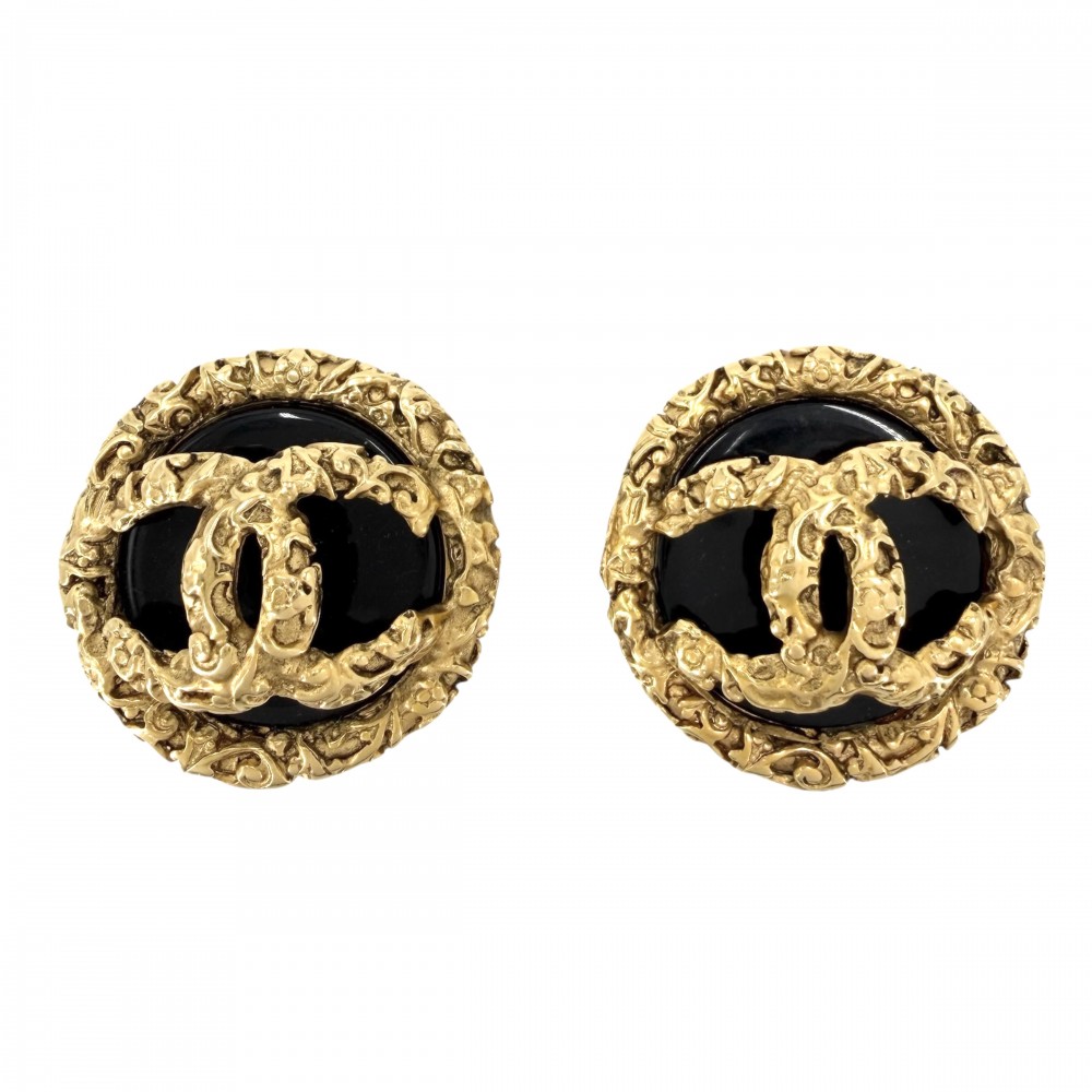 【エントリーでポイント10倍】 シャネル イヤリング レディース ラウンド アクセサリー ヴィンテージ ココマーク マグマ CHANEL GP カラーストーン 93A ゴールド ブラック 黒 約27.4g1993年【中古品】