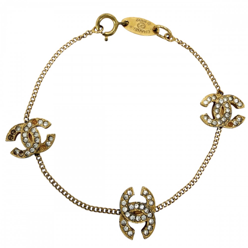 【エントリーでポイント10倍】 シャネル ブレスレット レディース アクセサリー トリプル ココマーク ココ ゴールド CHANEL GP ラインストーン 約4.8g1982年【中古品】
