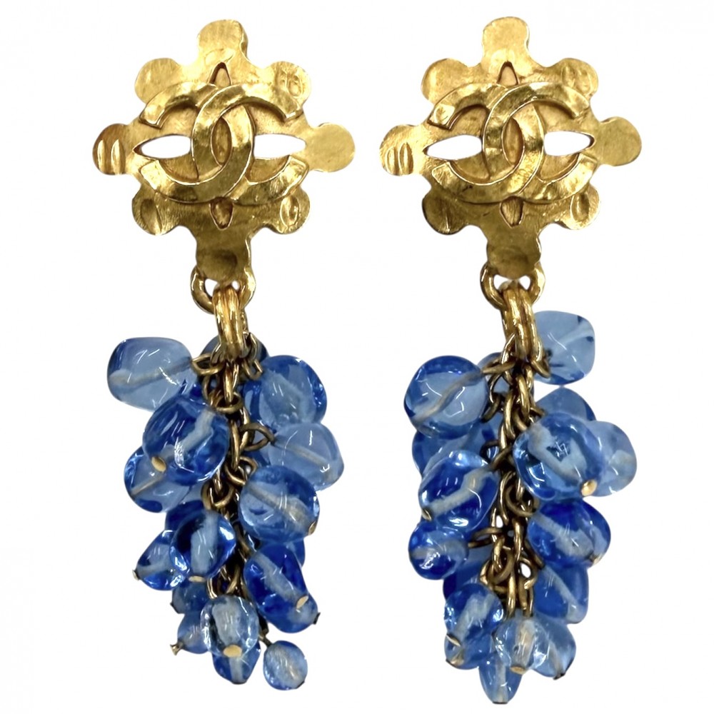 【エントリーでポイント10倍】 シャネル イヤリング レディース スイング アクセサリー ヴィンテージ ココマーク CHANEL GP ビーズ 94P ゴールド ブルー 青 約44.6g1994年【中古品】