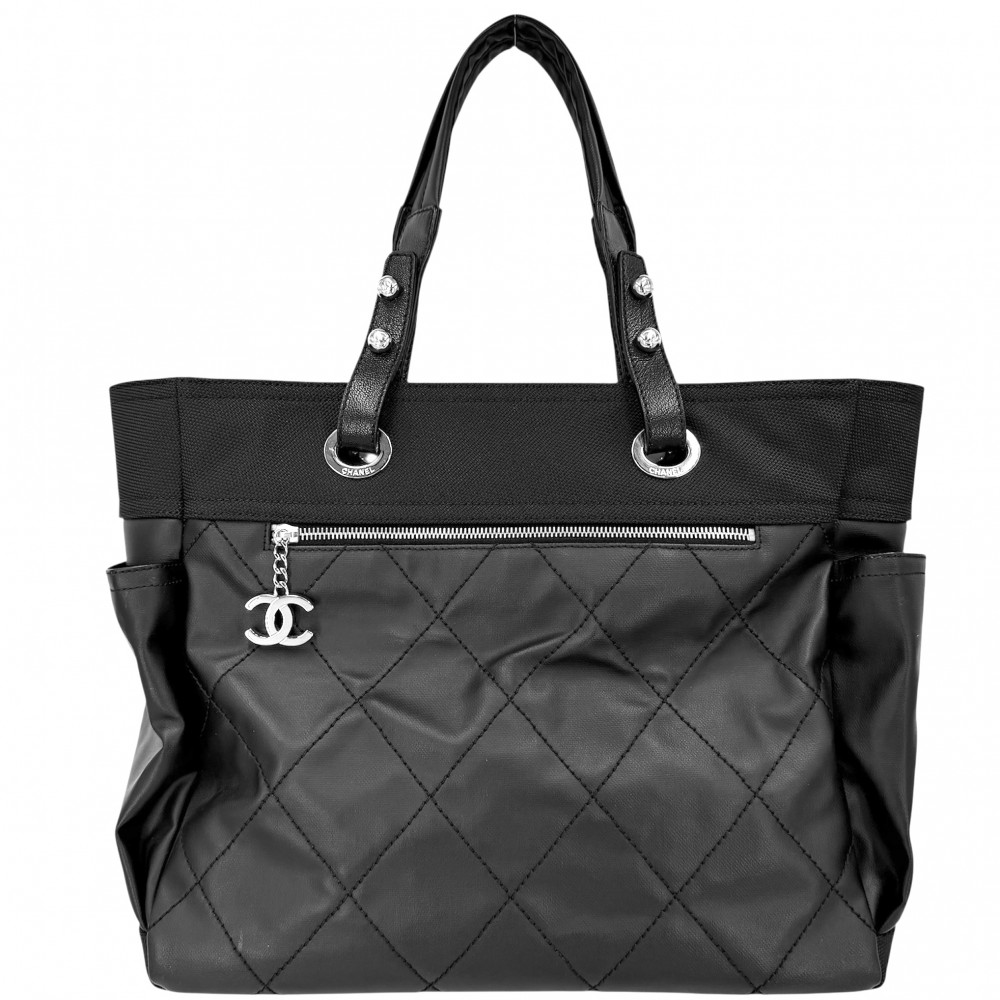 シャネル トートバッグ レディース パリビアリッツMM ハンドバック ココマーク ココマーク CHANEL A34209 上塗り帆布  なめし革   黒いこと 黒 しろがね色金具【中古品】