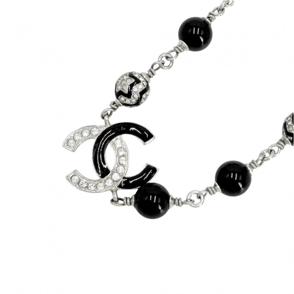 【エントリーでポイント10倍】 シャネル ネックレス レディース ココマーク チェーン アクセサリー アジャスター付き CHANEL ラインストーン A23K ブラック 黒 シルバー 約25.7g 美品2023年【中古品】