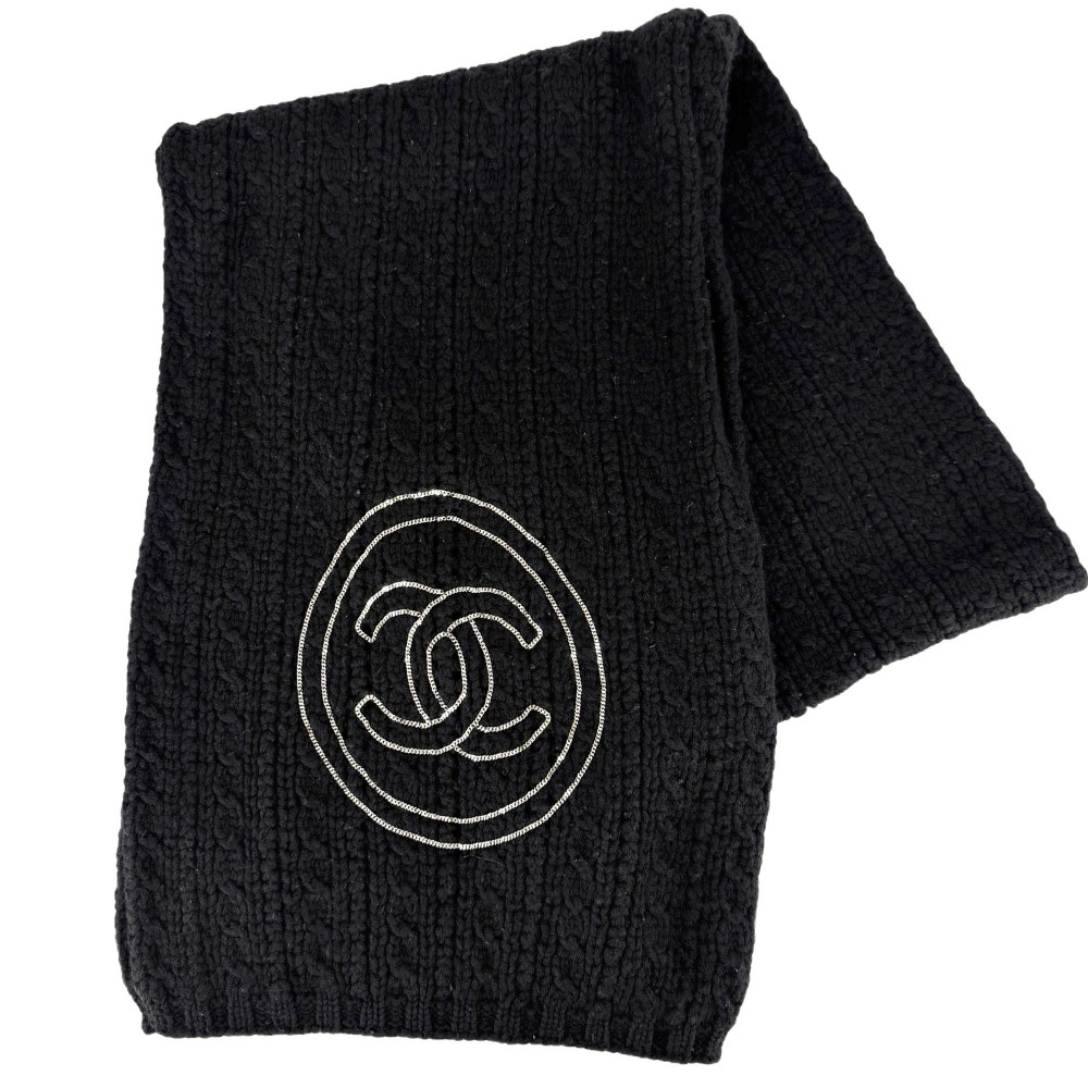 【エントリーでポイント10倍】 シャネル マフラー レディース ファッションアイテム ニット ココマーク ココ チェーン CHANEL カシミヤ ブラック 黒 秋 冬【中古品】