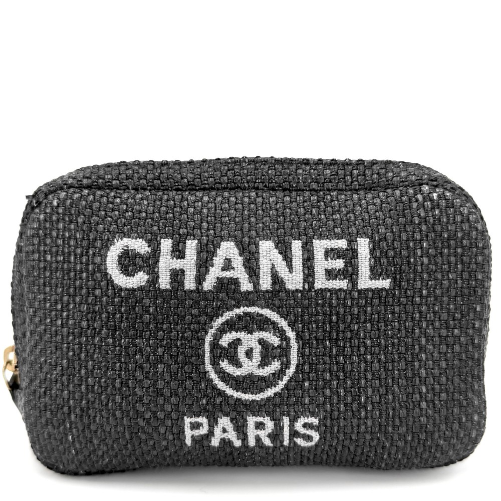 シャネル 合財袋 レディース ドーヴィル ココマーク 小容れもの CHANEL ラフィア  なめし革   黒いこと 黒 ゴールド金具【中古品】