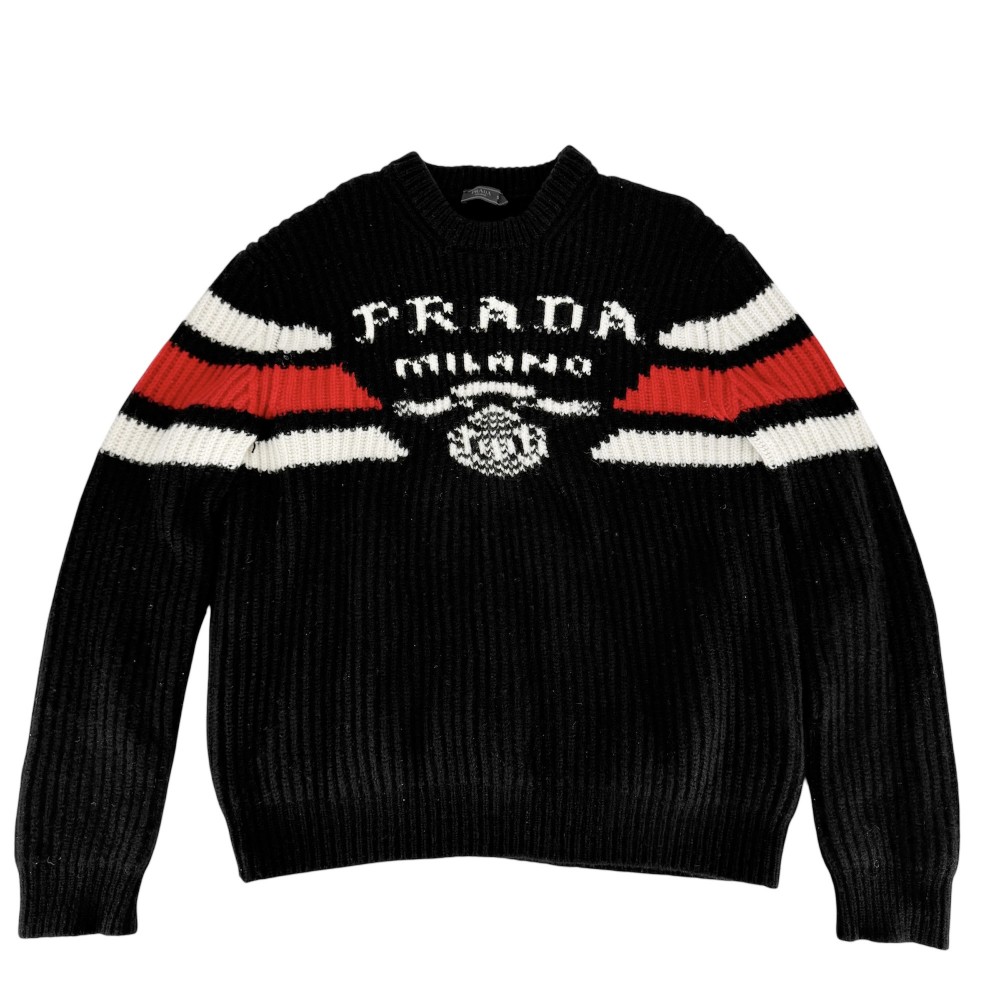 プラダ 編み物 メンズ ロゴタイプ プルオーバー 御召しもの 服 チャンキーニット PRADA 52 UMB339 黒いこと 黒 白いこと 白 カシミール    秋 冬【中古品】