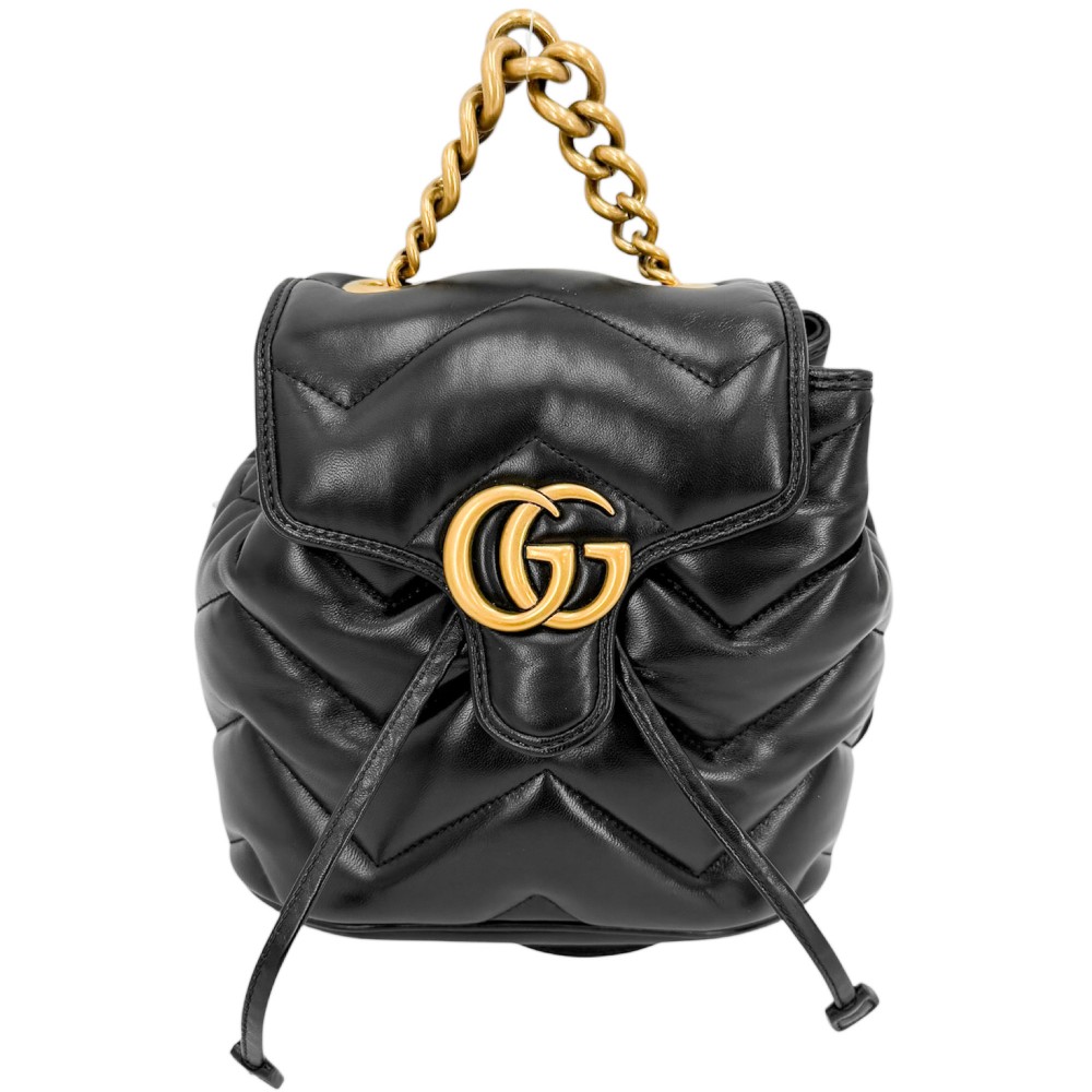 グッチ 背嚢 レディース GGマーモント キルティング うしろ側風呂敷き包み GUCCI 777253 なめし革    黒いこと 黒 ゴールド金具【中古品】