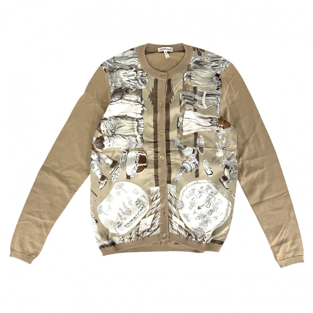 【エントリーでポイント10倍】 エルメス カーディガン レディース シルク切り替え アニマル アパレル 服 HERMES XS ベージュ マルチカラー シルク 春 秋【中古品】