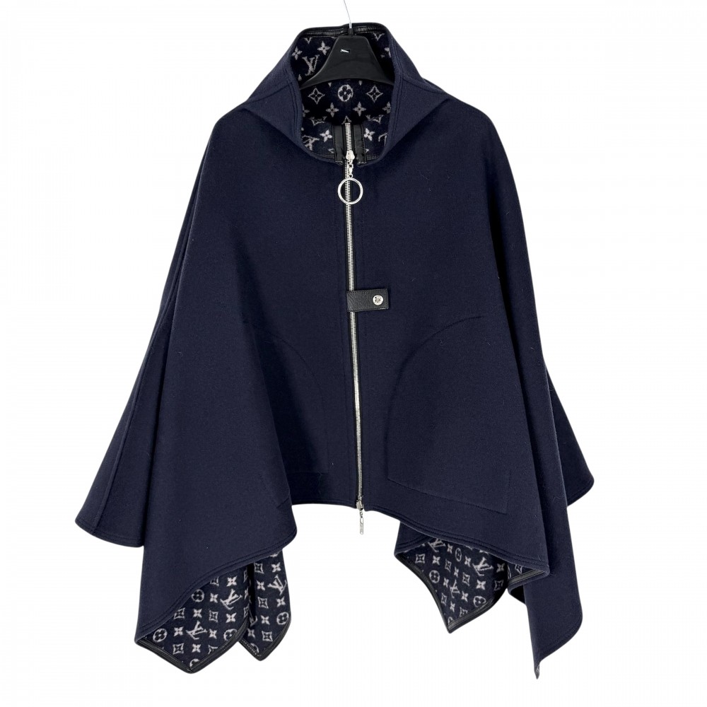 【エントリーでポイント10倍】 ルイヴィトン ポンチョ レディース リバーシブル モノグラム アウター アパレル 服 LOUIS VUITTON 34 ネイビー 紺 ブラック 黒 シルバー金具 ウール シルク 秋 冬 美品【中古品】