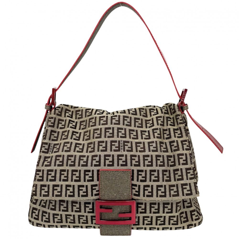 フェンディ ショルダーバッグ レディース マンマバケット ズッキーノ柄 肩掛け FENDI 8BR001 キャンバス レザー ブラウン 茶 レッド 赤 ゴールド×レッド金具【中古品】