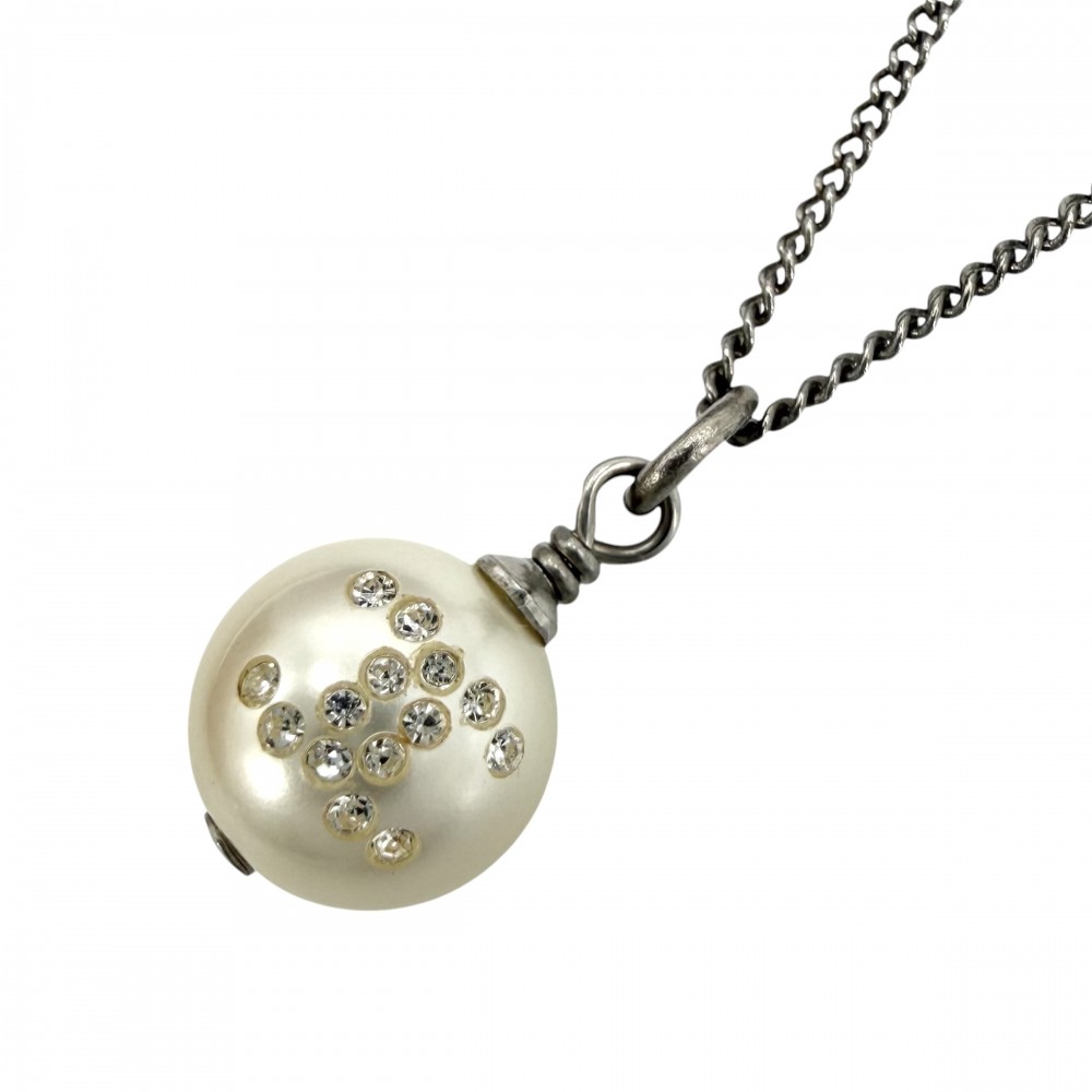 シャネル ネックレス レディース ココマーク チェーン アクセサリー CHANEL フェイクパール ラインストーン 09P ホワイト 白 シルバー 約2.8g2009年【中古品】