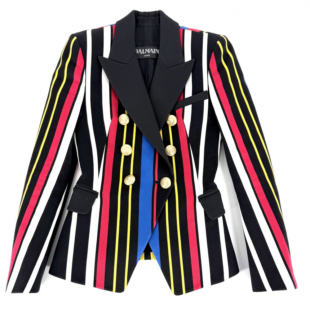 バルマン テーラードジャケット レディース アウター アパレル 服 BALMAIN 34 ブラック 黒 マルチカラー ゴールド金具 コットン 【中古品】