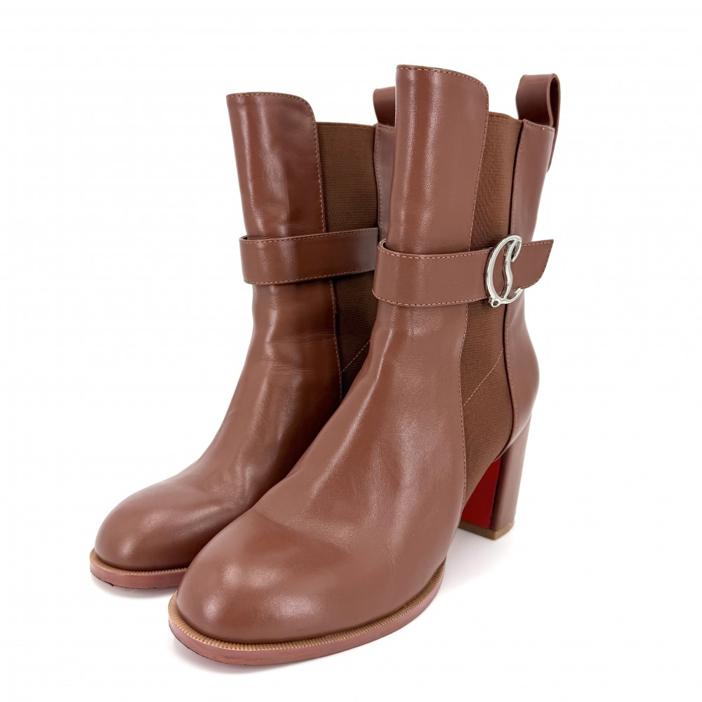 【大売出し】 クリスチャンルブタン ブーツ レディース 片方ゴア 靴 36大きさ 約23糎 Christian Louboutin なめし革    赤銅色 茶 しろがね色金具【中古品】