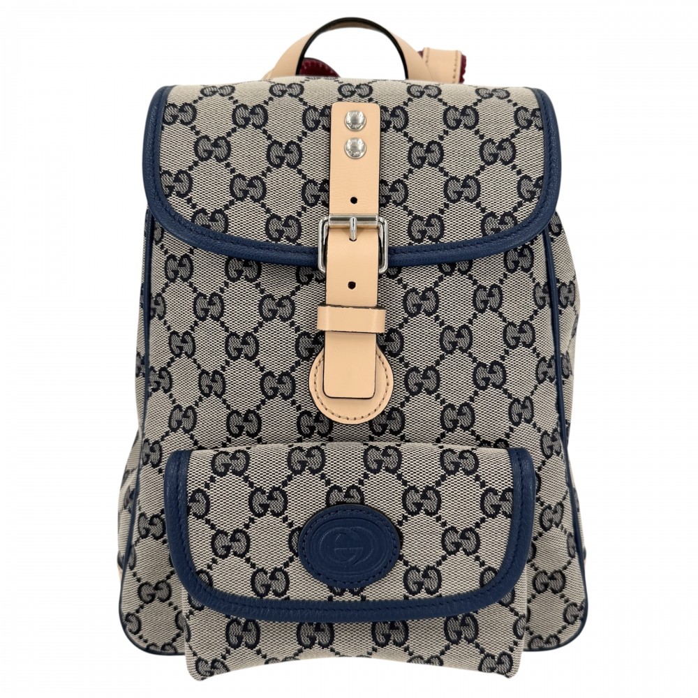 グッチ 背嚢 キッズ チルドレン うしろ側風呂敷き包み GUCCI 630818 GG帆布  なめし革   赤銅色 茶 米国海軍 紺 しろがね色金具【中古品】