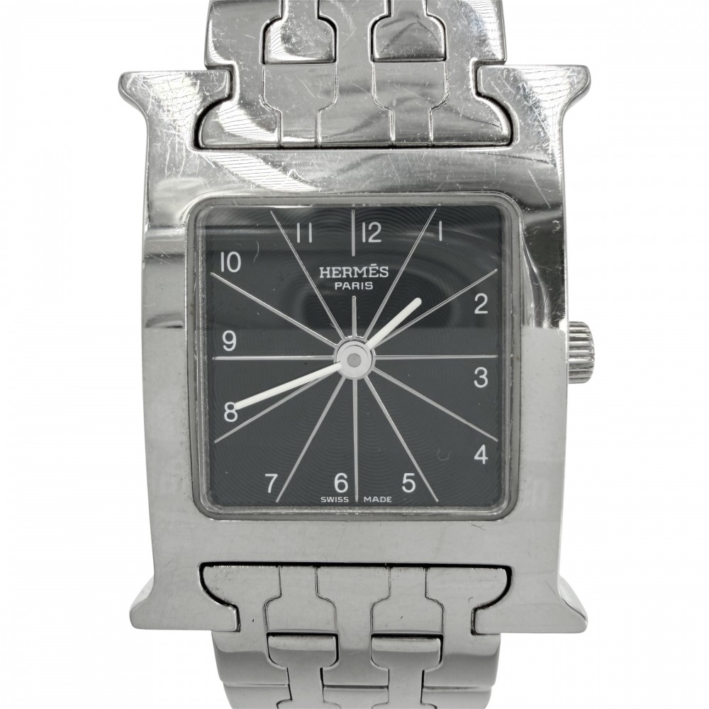 エルメス ウォッチ レディース H御覧なさる QZ 黒文字盤 H WATCH 蓄電池式 SS HERMES HH1.210 石英 ステンレス鋼スチール写真    しろがね色 黒いこと 黒【中古品】