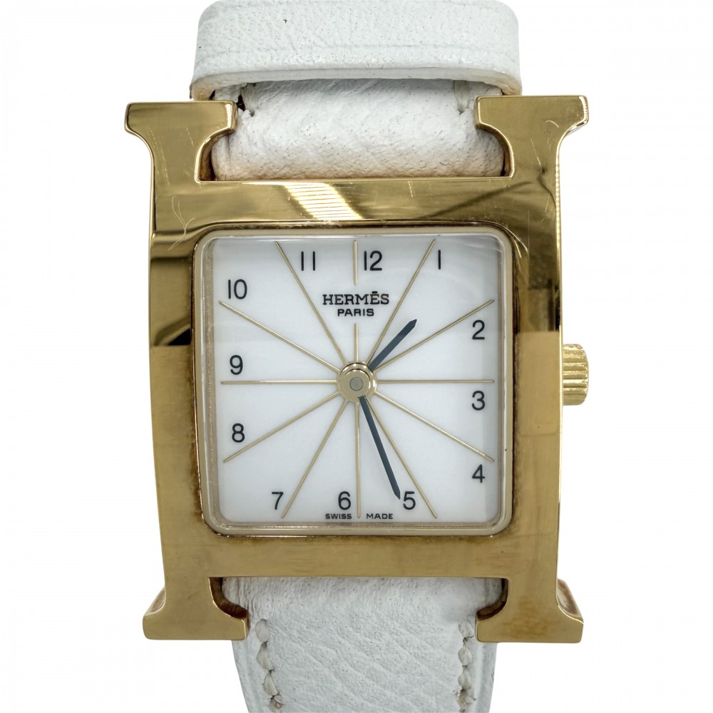 エルメス ウォッチ レディース H御覧なさる 蓄電池式 白いこと文字記号盤 H WATCH HERMES HH1.201 石英 なめし革    ゴールド 白いこと 白2007年【中古品】