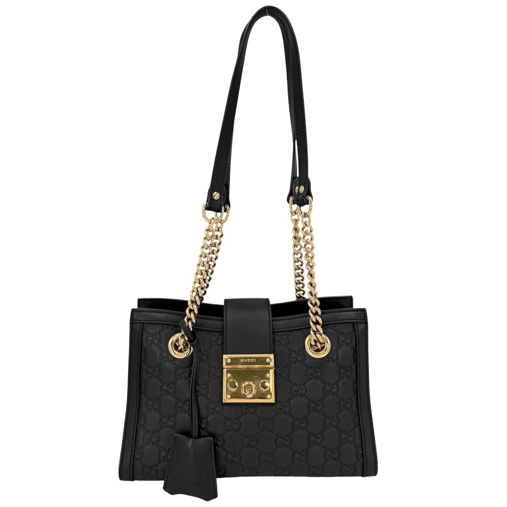 【大売出し】 グッチ ショルダーバッグ レディース グッチシマ パドロック チェーン店肩部 GG 肩かけ GUCCI 498156 なめし革    黒いこと 黒 ゴールド金具【中古品】