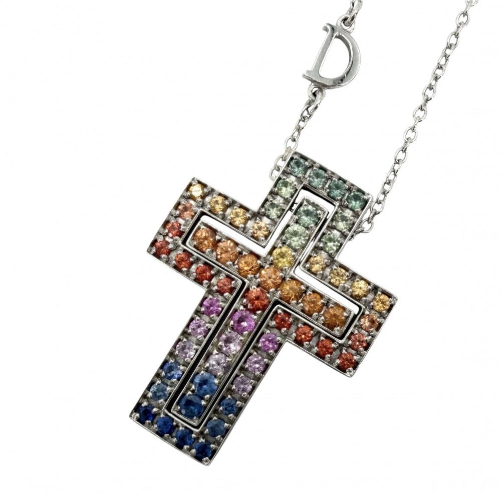 【大売出し】 ダミアーニ ネックレス レディース ベルエポック　Sサイズ クロスモチーフ ペンダント アクセサリー アジャスター付き Bell Epoque ジュエリー 18金WG Au750 Damiani K18ホワイトゴールド レインボーサファイア マルチカラー 約12.2g【中古品】｜VINTAGE BRAND TOKYO
