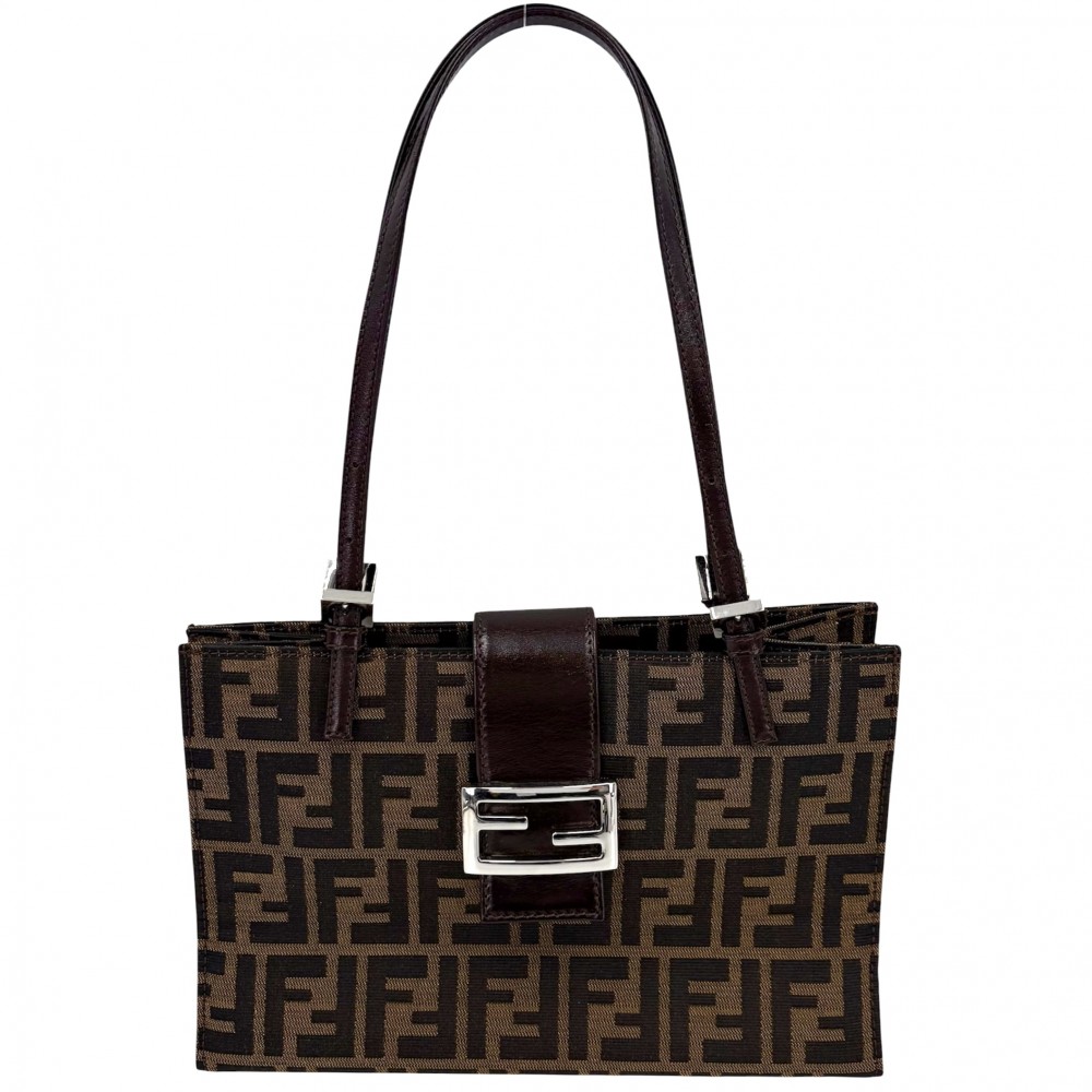 【大売出し】 フェンディ トートバッグ レディース ズッカ ハンドバック 肩かけ FENDI 帆布  なめし革   赤銅色 茶 しろがね色金具【中古品】