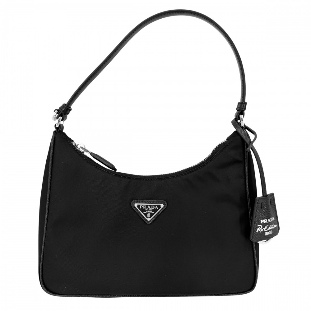 【大売出し】 プラダ ハンドバック レディース Re-Edition2005 Re-Nylon ３角形ロゴタイプ PRADA 1N204M ナイロン    黒いこと 黒 しろがね色金具 美品【中古品】