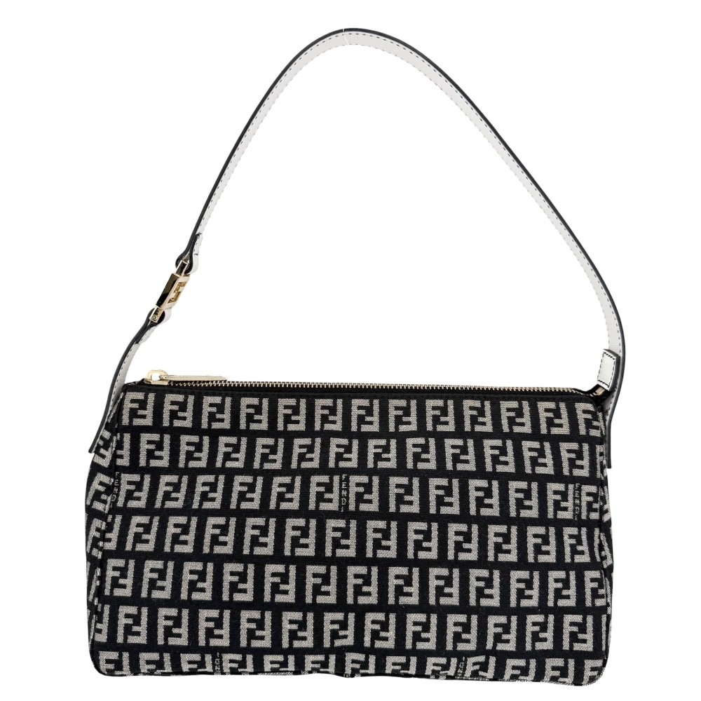 フェンディ ハンドバック レディース ズッキーノ 壱ハンドバック 肩かけ FENDI 帆布  なめし革   黒いこと 黒 白いこと 白 ゴールド金具【中古品】