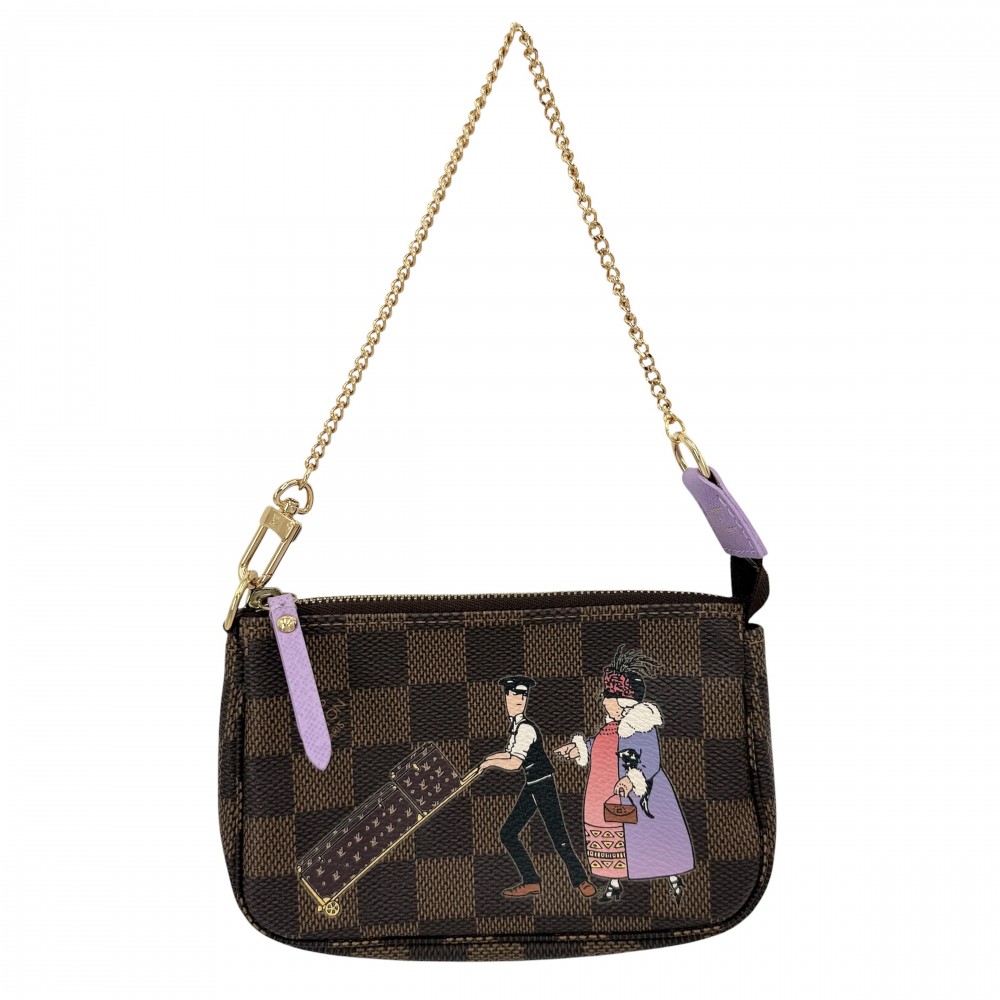 ルイヴィトン ハンドバック レディース ダミエ ミニポシェットアクセソワール イリュストレ MiniPochette Accessoires 付属物合切袋 LOUIS VUITTON N63003 モノグラム帆布    赤銅色 茶 パープル 紫 ゴールド金具【中古品】