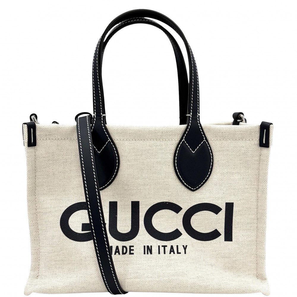 グッチ 2WAY レディース ミディアムトートバッグ ハンドバッグ ショルダーバッグ 肩掛け 斜め掛け グッチリド GUCCI 772144 コットンリネンキャンバス レザー ベージュ ネイビー 紺 シルバー金具 美品【中古品】｜VINTAGE BRAND TOKYO