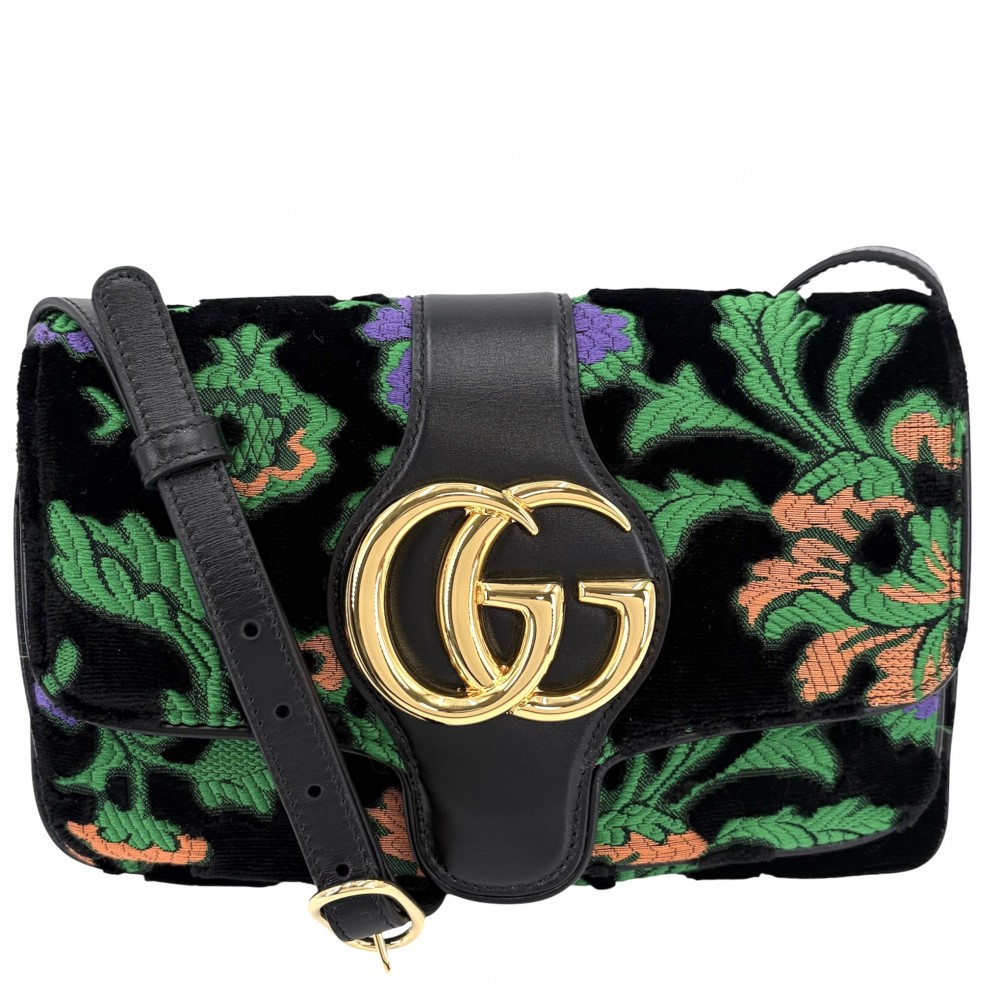 【大売出し】 グッチ ショルダーバッグ レディース GGマーモント アリー 刺繍 肩掛け 斜め掛け GUCCI 550129 ベロア レザー ブラック 黒 グリーン 緑 ゴールド金具【中古品】|VINTAGE BRAND TOKYO