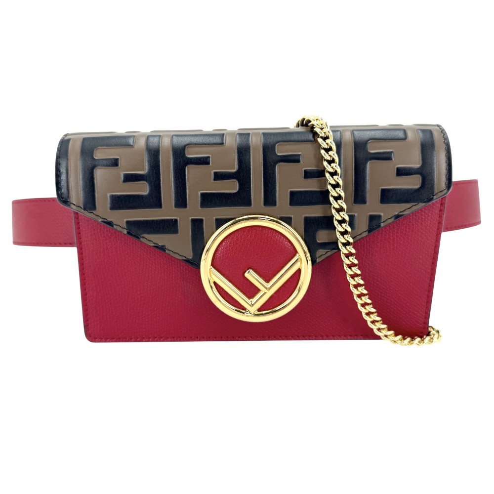 フェンディ 2WAY メンズ ズッカ エフイズ ボディバッグ ショルダーバッグ FENDI 8BM005 レザー ブラウン 茶 レッド 赤 ゴールド金具 美品【中古品】|VINTAGE BRAND TOKYO