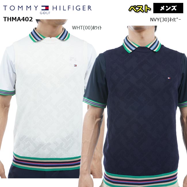 【バーゲン!!40%OFF!!】【2024年春夏モデル】 TOMMY HILFIGER GOLF トミーヒルフィガーゴルフ THモノグラム クルーネックベスト 爽やか 体温調節 ホワイト ネイビー（メンズ) THMA402【B-ONE-Y】