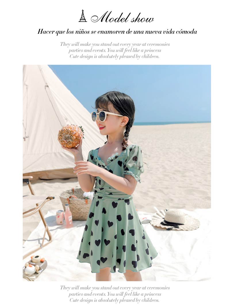 市場 キッズ 紫外線対策 女の子 日焼け防止 フリル オールインワン ワンピース ガールズ Uvカット バブルスリーブ 半袖 ハート総柄 水着 子供