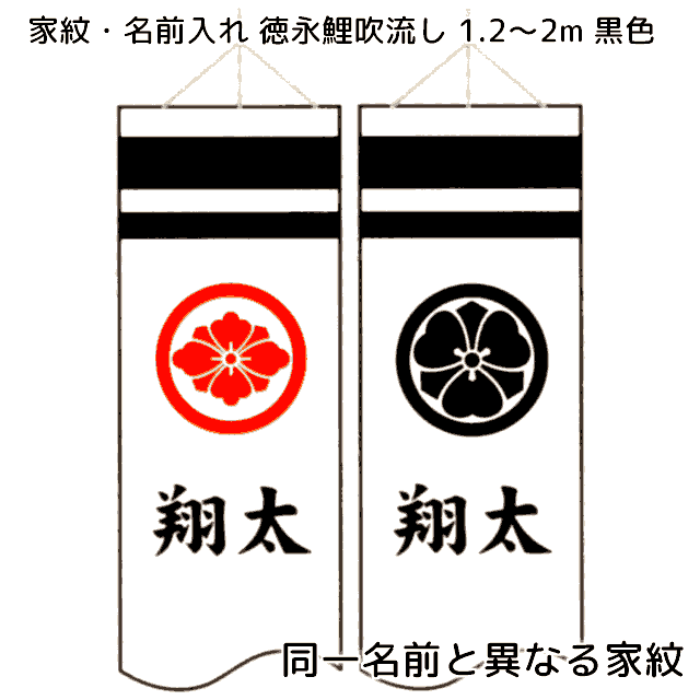 異なる家紋を黒と赤で片面ずつ、同一名前を両面に黒色で入れる 1.2m～2m吹流し用【単品購入不可】 徳永鯉のぼりセットと同時購入してください