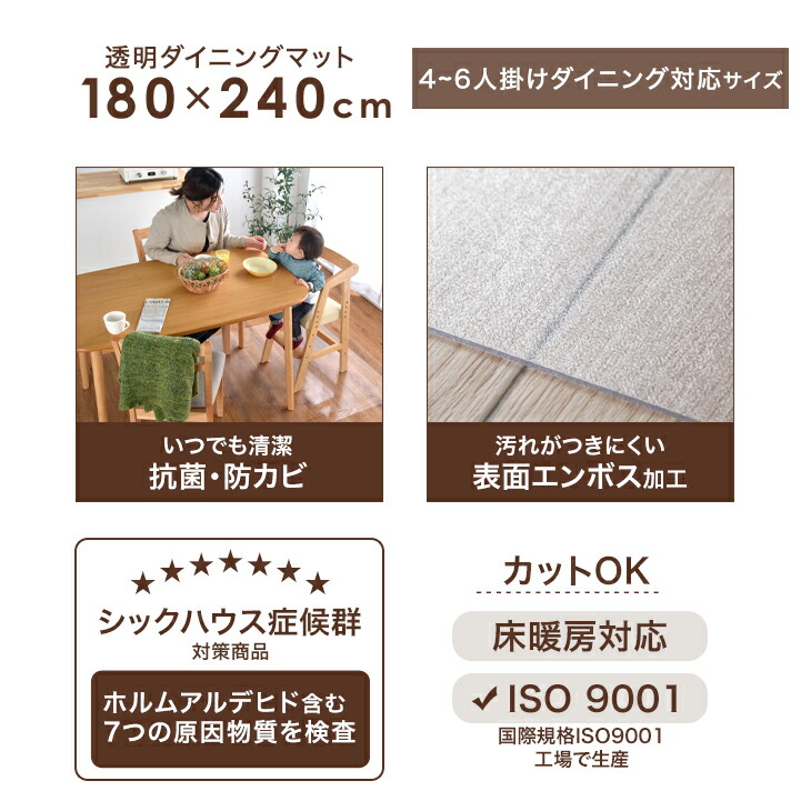 抗菌 防カビ フロアマット テーブルマット マット 180 240cm ダイニングラグ チェアマット キッチンマット デスクマット シックハウス対策 カーペット マット 畳 傷 透明ダイニングマット クリアマット 傷防止 防水 防傷 厚さ1 5mm 送料無料 抗菌 防カビ 透明