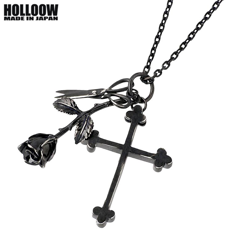 【ポイント2倍！マラソン終了まで】 ホロウ HOLLOOW トリニティー シルバー ネックレス アクセサリー チェーン付き ブラックコーティング ローズ バラ 薔薇 銃 クロス 十字架 シルバー925 スターリングシルバー KHP-117BK｜Baby・Sies（ベイビー・シーズ）