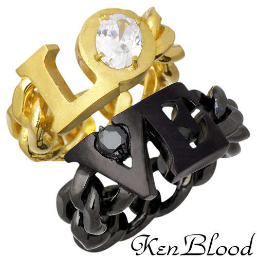 【ポイント2倍！マラソン終了まで】 ケンブラッド KEN BLOOD LOVE文字 チェーン シルバー ペア リング ゴールド&times;ブラック 指輪 アクセサリー 9～21号 シルバー925 スターリングシルバー KB-KR-213-214GB｜Baby・Sies（ベイビー・シーズ）