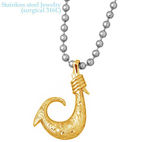 【ポイント2倍！12日まで！】 ステンレス ネックレス アクセサリー 金属アレルギー対応 ハワイアンジュエリー ハワジュ メンズ レディース フィッシュフック K24 医療用サージカル316L アレルギーフリー GPSS786K24