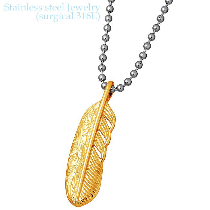 【ポイント2倍！マラソン終了まで】 ステンレス ハワイアンジュエリー ハワジュ ネックレス アクセサリー 金属アレルギー対応 レディース K24 フェザー 羽根 医療用サージカル316L アレルギーフリー GPSS939K24｜Baby・Sies（ベイビー・シーズ）