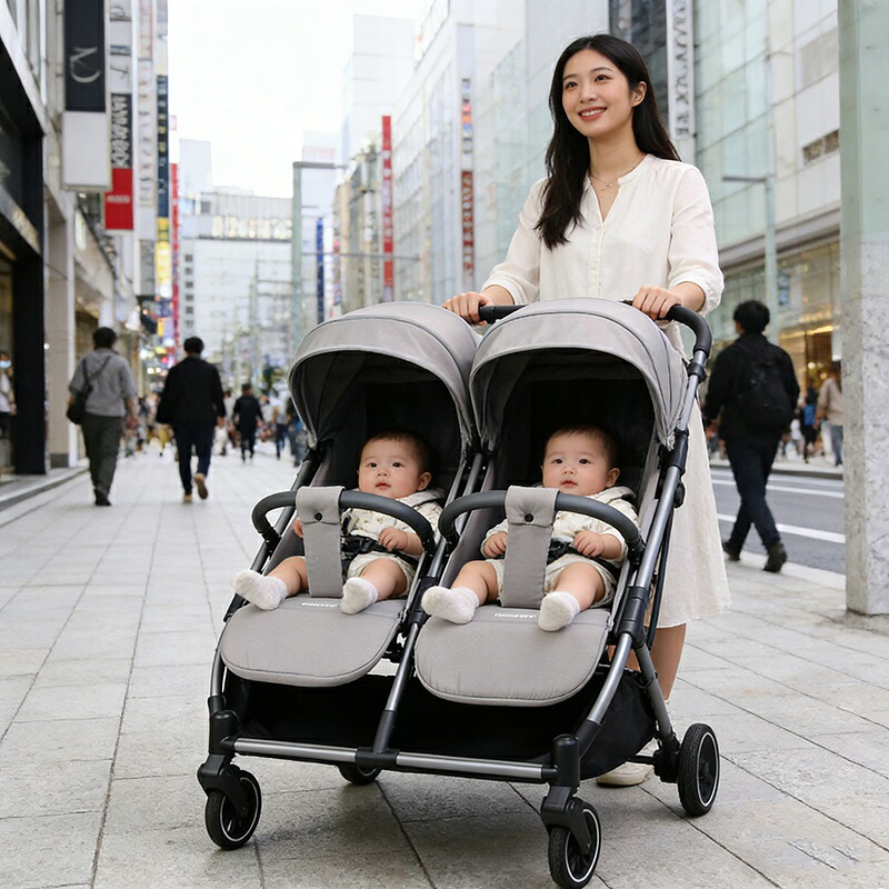 【出産祝い プレゼント9点】二人乗りベビーカー 双子ベビーカー 2人乗り 双子用 a型 AB型兼用 新生児から 兄弟 姉妹 横並び 自立可能 コンパクトスムーズな走行性 押しやすい 乗り心地良い 軽量化 ワンクリック収納 軽自動車に収める お出掛け便利【保証期間3年間】