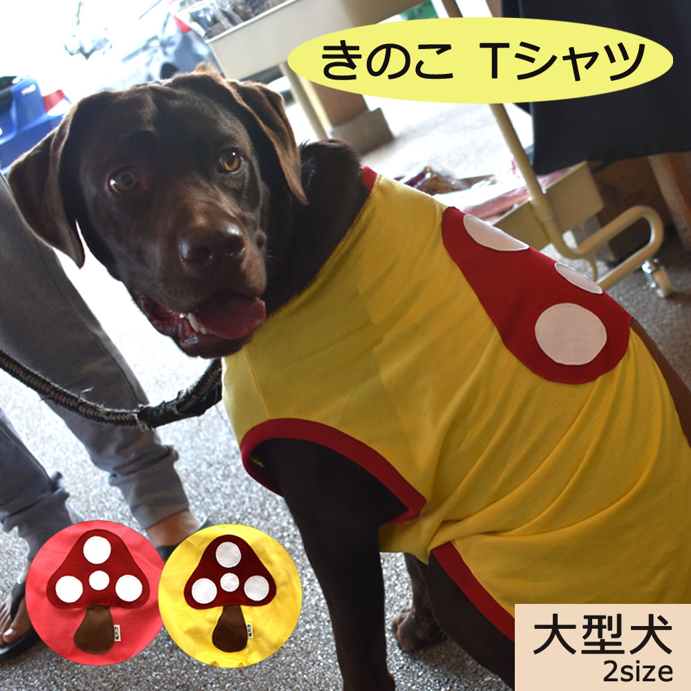 きのこTシャツ 大型犬用 犬服 ペットウェア 大きいサイズ ラブラドール ゴールデンレトリバー 袖なし きのこ かわいい お揃いコーデ ワンポイント 可愛い 手作り ペットアイテム お揃いコーデ アレンジ M L 綿100% おそろい キッズ 家族 ペア わにぽ
