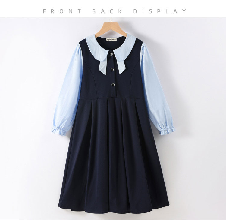 新作女の子ワンピースネイビーキッズ長袖春秋重ね着風フォーマルジュニア子供服おしゃれフォーマルワンピースジャンパースカート小学生中学生高校生かわいい誕生日プレゼント結婚式発表会卒業式入学式法事葬式お受験面接120130140150160cm