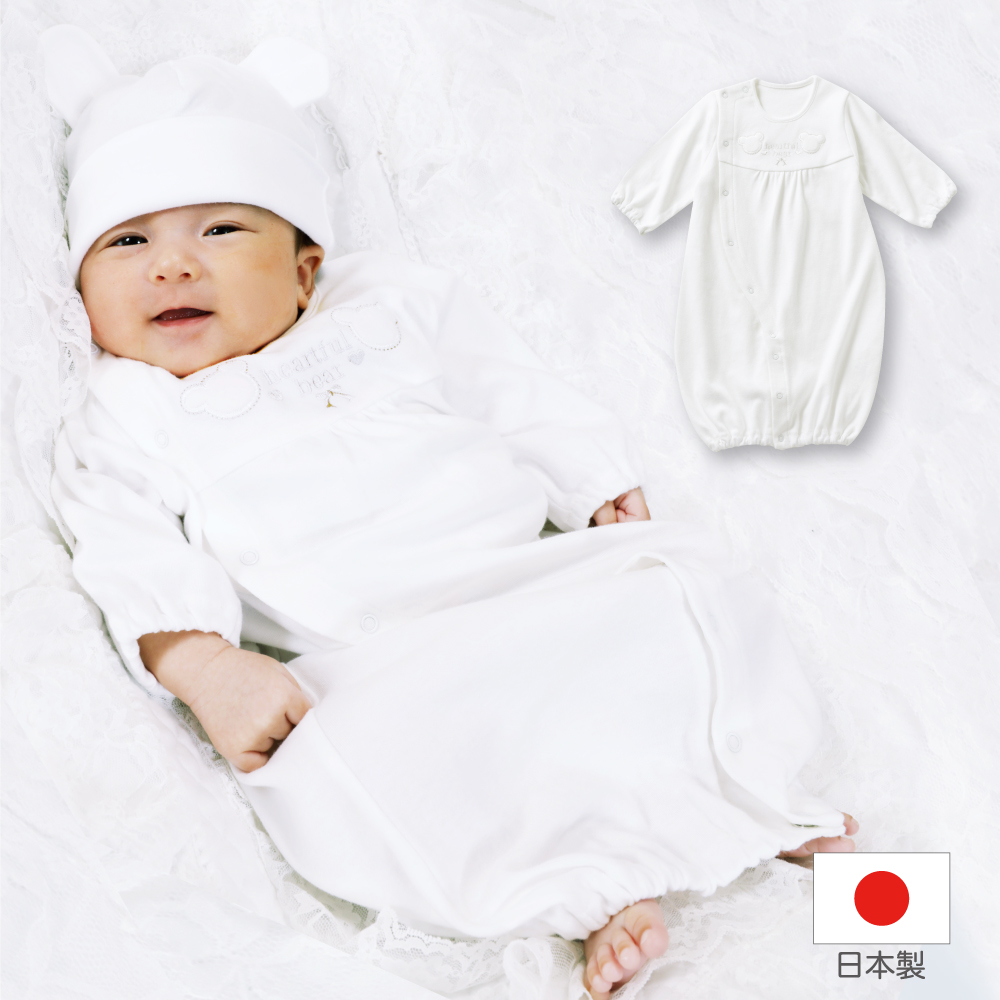 【日本製】白いクマさんの可愛いベビードレス・ツーウェイオール ベビー服　結婚式  新生児　出産　退院　服　セレモニー 男の子 女の子　赤ちゃん　白　ホワイト　セレモニー シンプル　かわいい　おしゃれ