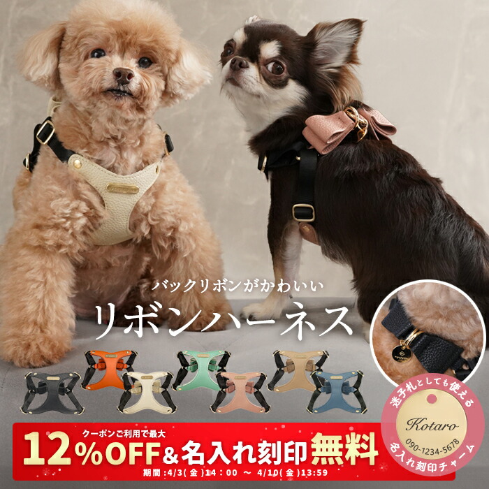＼12%OFFクーポン配布中／リボンハーネス 犬 ペット ハーネス 胸パッド付き 胴輪 メッシュクッション 小型犬 パピー 合成皮革 バックリボン お散歩 おでかけ お名前入り 迷子札 名入れ 電話番号 おしゃれ 合皮 くすみカラー ペット用品 ギフト プレゼント