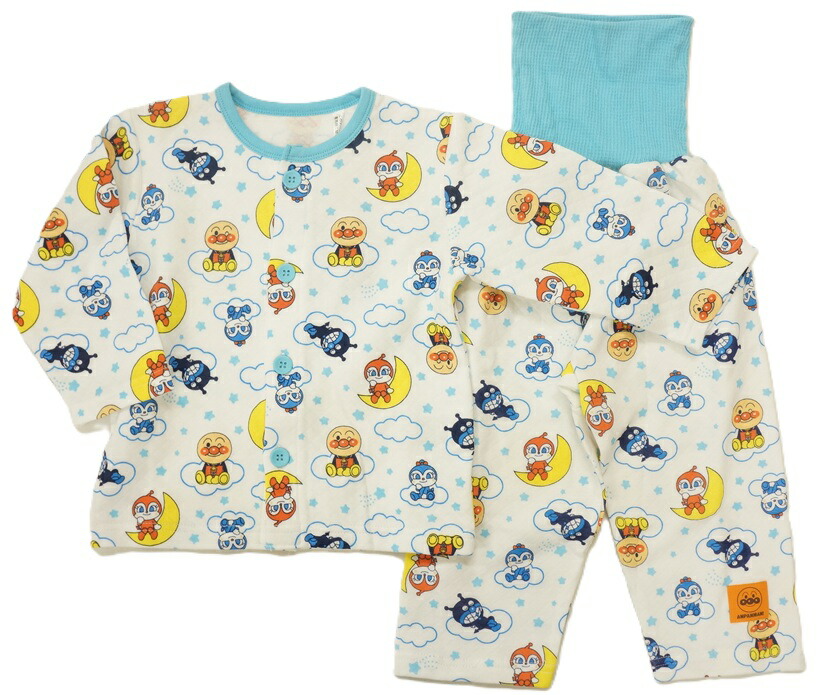 BANDAIそれいけ！アンパンマン前開き長袖パジャマ一体型腹巻付き総柄サックスEA2593ニットキルトあったか素材男の子画像