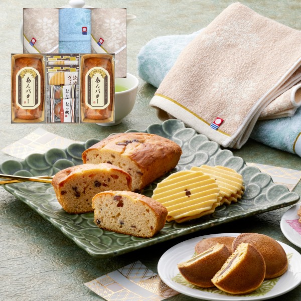 【送料込み】【送料無料！】imabari towel japan 今治タオル＆和菓子詰合せ 【出産内祝 内祝い お返し お祝い返し 返礼】【和スイーツ 人気 焼き菓子 お菓子 和菓子 ギフトセット】【結婚内祝い 入学内祝い 新築内祝い 成人内祝い 快気祝い】