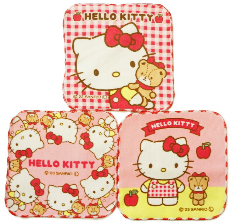 ♡キティ・プチタオル♡ 3 ハローキティ ミニタオル3枚組 チェック柄 約16×16cm 綿100