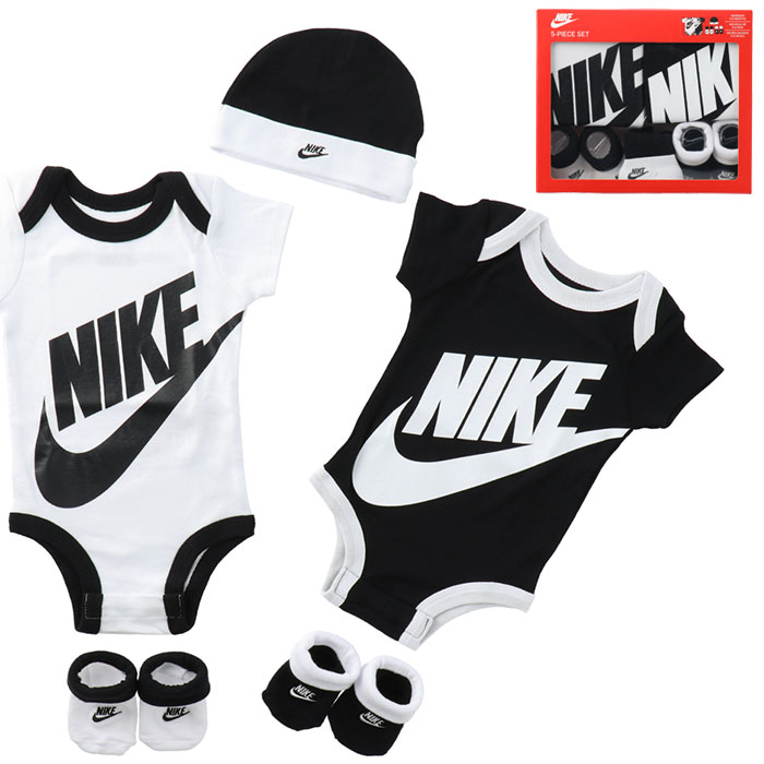 Nike ベビー服 5点セット ナイキ Baby Bodysuit Set ベビー ロンパース ボディスーツ 肌着 靴下 帽子 新生児 男の子 女の子 夏服 半袖 セットアップ セット Nike Psicologosancora Es