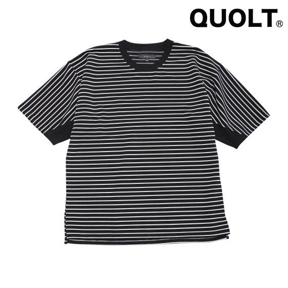 QUOLT 5分袖 ニットソー Tシャツ ユニセックス トップス LINE-BORDER CUTSEW BLACK ブラック 通勤 通学 旅行 フェス 服装 プレゼント