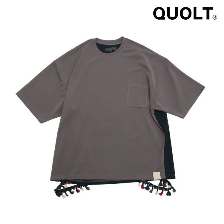 QUOLT イージーケア生地 切り換え カットソー Tシャツ クオルト クルーネック ゆったり カットオフポケット フリンジニット Tシャツ ユニセックス トップス FRINGE CUTSEW CHARCOAL-BLACK 通勤 通学 旅行 フェス プレゼント