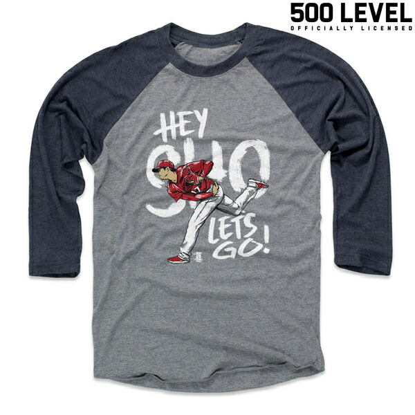 【500 LEVEL】(500レベル) Shohei Ohtani Hey Sho Raglan Tee / ショウヘイオオタニ　ヘイ！ショウ　ラグランTシャツ (ネイビー/グレー) 渋谷アメカジ バックドロップ メンズ パーカー MLB NFL NBA NHL スポーツ グッズ